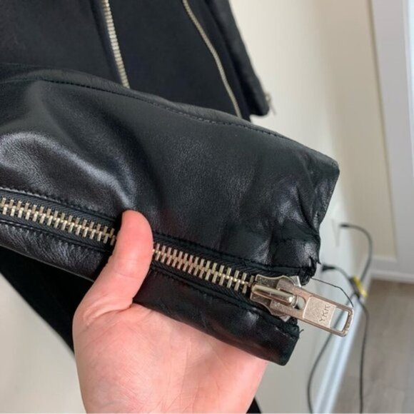 Aritzia Mackage Dale Wool Trench Coat Asymmetrical Leather Sleeves Black XXS - Picture 10 of 16